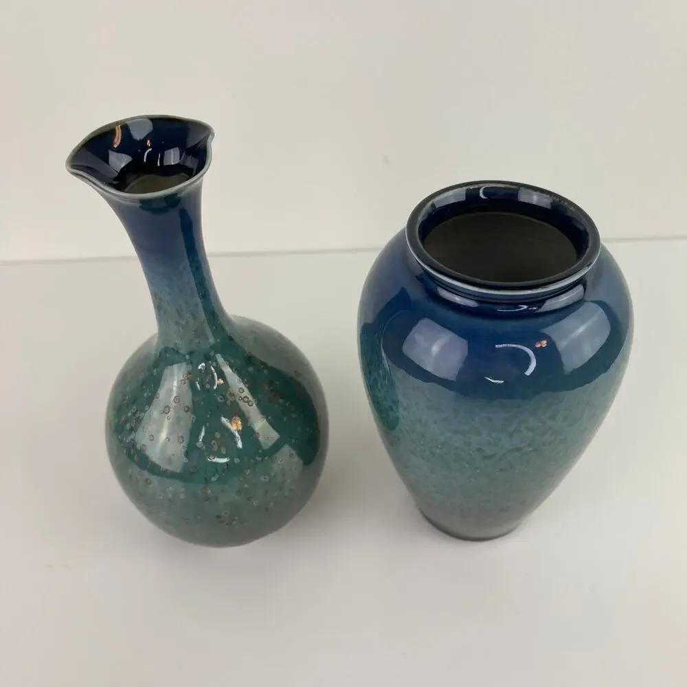 Set of 2 Ombre Mini Tulip Bud Vases Green Teal Art Home Decor Pottery